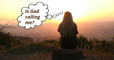 A woman gazing at sunset from atop a high point; speech bubble says: "Is God calling me?"
