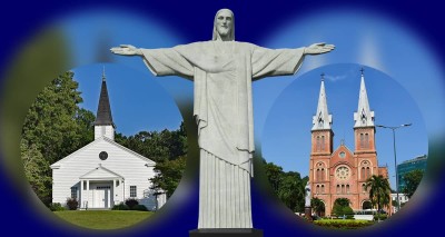 small, rural, white clapboard church on left; large red brick church on right; statue of Jesus with outstretched arms in center